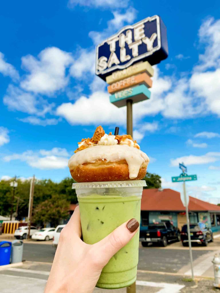 matcha and donut outside The Salty Donut South Congress