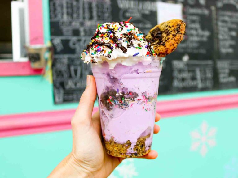 purple milkshake with whipped cream at Cold Cookie Company ice cream truck in Austin